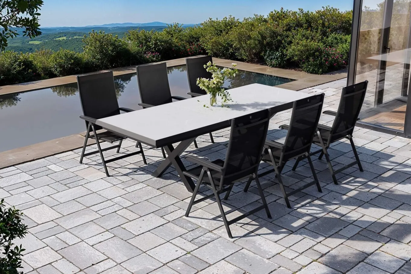 Best Garten-Essgruppe mit 6 Klappstühlen, schwarz/grau/anthrazit, Aluminium/Steinimitat/Textilene, 200/260 x 100 cm Garten-Essgruppen