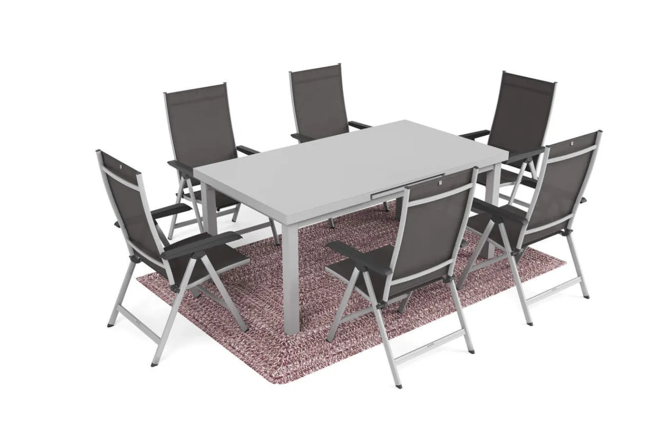 Garten-Essgruppe mit 6 Klappstühlen und Outdoor-Teppich, silber/anthrazit/andorra-weiß, Aluminium/Textilene, ausziehbarer Tisch 180/240 x 100 cm Garten-Essgruppen
