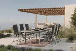Garten-Essgruppe mit 6 Klappstühlen und Outdoor-Teppich, silber/anthrazit/andorra-weiß, Aluminium/Textilene, ausziehbarer Tisch 180/240 x 100 cm Garten-Essgruppen
