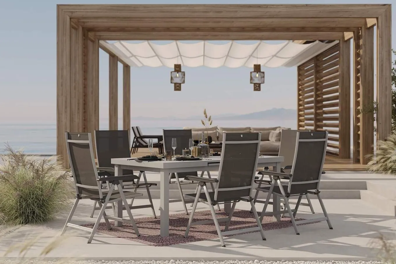 Garten-Essgruppe mit 6 Klappstühlen und Outdoor-Teppich, silber/anthrazit/andorra-weiß, Aluminium/Textilene, ausziehbarer Tisch 180/240 x 100 cm Garten-Essgruppen