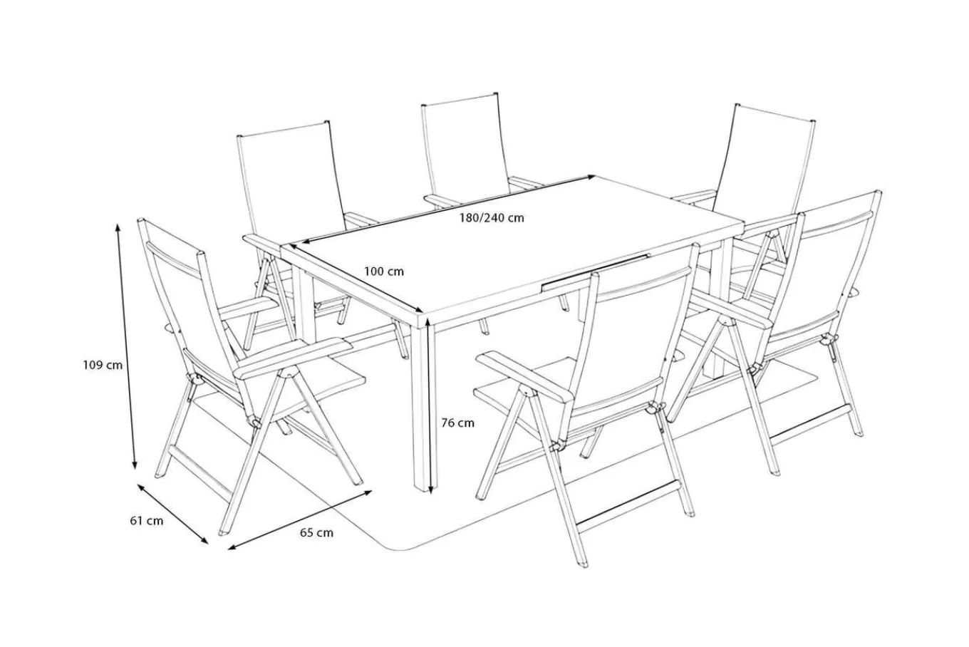 Garten-Essgruppe mit 6 Klappstühlen und Outdoor-Teppich, silber/anthrazit/andorra-weiß, Aluminium/Textilene, ausziehbarer Tisch 180/240 x 100 cm Garten-Essgruppen
