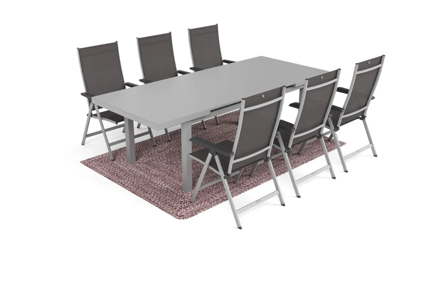 Garten-Essgruppe mit 6 Klappstühlen und Outdoor-Teppich, silber/anthrazit/andorra-weiß, Aluminium/Textilene, ausziehbarer Tisch 180/240 x 100 cm Garten-Essgruppen