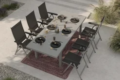 Garten-Essgruppe mit 6 Klappstühlen und Outdoor-Teppich, silber/anthrazit/andorra-weiß, Aluminium/Textilene, ausziehbarer Tisch 180/240 x 100 cm Garten-Essgruppen