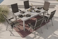 Garten-Essgruppe mit 6 Klappstühlen und Outdoor-Teppich, silber/anthrazit/andorra-weiß, Aluminium/Textilene, ausziehbarer Tisch 180/240 x 100 cm Garten-Essgruppen