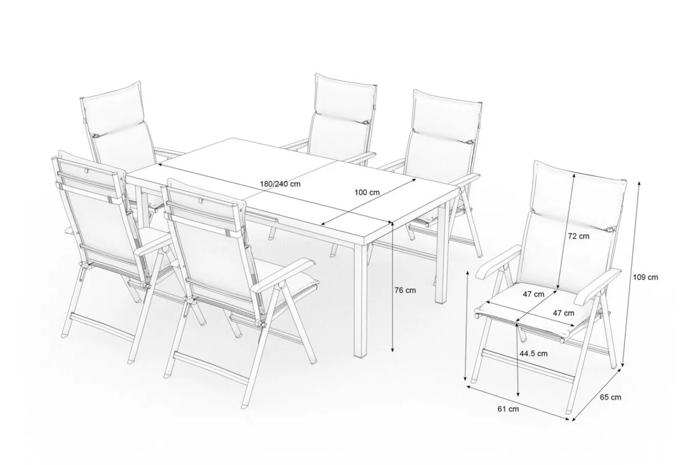 Best KETTLER Garten-Essgruppe, silber/anthrazit, Alu/Textilene/, Tisch 180/240 x 100 cm, 6 Klappstühle, inkl. Auflagen Garten-Essgruppen