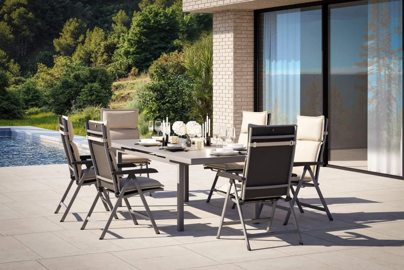 Best KETTLER Garten-Essgruppe, silber/anthrazit, Alu/Textilene/, Tisch 180/240 x 100 cm, 6 Klappstühle, inkl. Auflagen Garten-Essgruppen