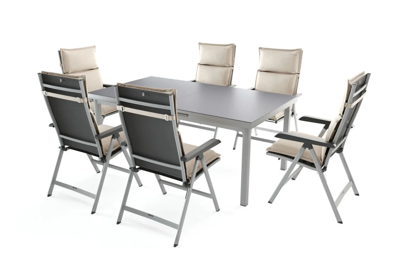 Best KETTLER Garten-Essgruppe, silber/anthrazit, Alu/Textilene/, Tisch 180/240 x 100 cm, 6 Klappstühle, inkl. Auflagen Garten-Essgruppen