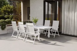 Best Garten-Essgruppe, weiß matt/hellgrau, Aluminium/Glas/Outdoorgewebe, Ausziehtisch 180/240 x 100 cm, 6 Klappstühle Garten-Essgruppen|Aluminium-Gartenmöbel