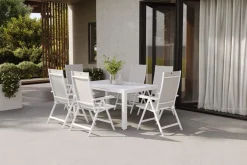 Best Garten-Essgruppe, weiß matt/hellgrau, Aluminium/Glas/Outdoorgewebe, Ausziehtisch 180/240 x 100 cm, 6 Klappstühle Garten-Essgruppen|Aluminium-Gartenmöbel