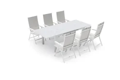 Best Garten-Essgruppe, weiß matt/hellgrau, Aluminium/Glas/Outdoorgewebe, Ausziehtisch 180/240 x 100 cm, 6 Klappstühle Garten-Essgruppen|Aluminium-Gartenmöbel