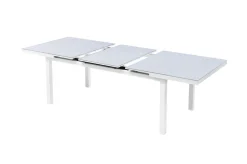 Discount Garten-Essgruppe, weiß/hellgrau, Alu/Teak/Glas, Ausziehtisch 180 x 240 x 100 cm, 8 Stapelsessel Garten-Essgruppen|Aluminium-Gartenmöbel