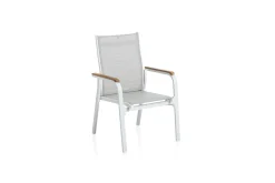 Discount Garten-Essgruppe, weiß/hellgrau, Alu/Teak/Glas, Ausziehtisch 180 x 240 x 100 cm, 8 Stapelsessel Garten-Essgruppen|Aluminium-Gartenmöbel