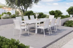 Discount Garten-Essgruppe, weiß/hellgrau, Alu/Teak/Glas, Ausziehtisch 180 x 240 x 100 cm, 8 Stapelsessel Garten-Essgruppen|Aluminium-Gartenmöbel