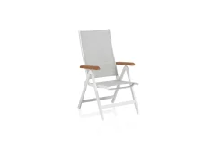 Hot Garten-Essgruppe, weiß matt/hellgrau, Aluminium/Teak/Outdoorgewebe, Ausziehtisch 180/240 x 100 cm, 6x Klappstuhl Garten-Essgruppen|Aluminium-Gartenmöbel