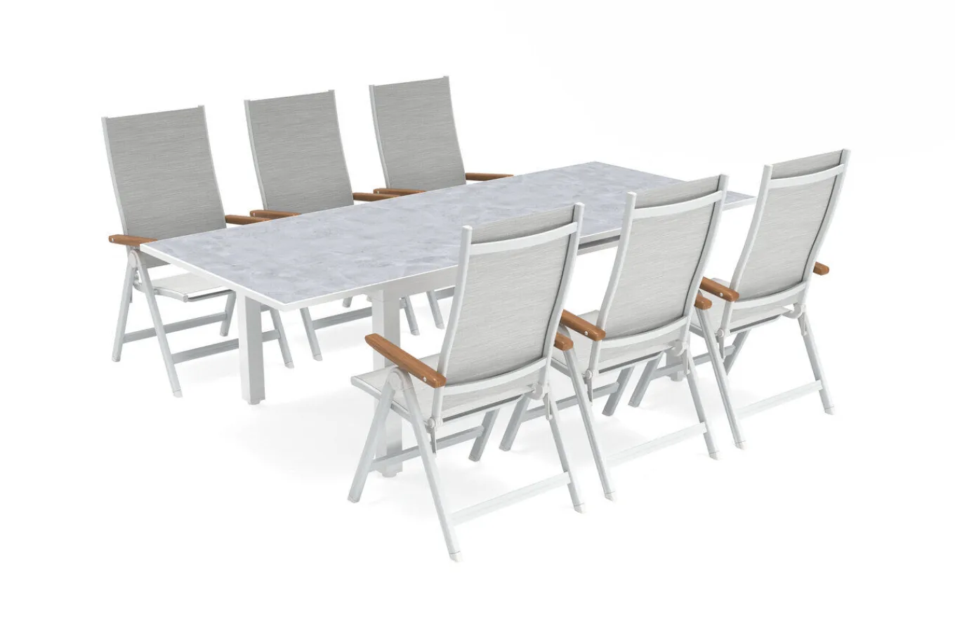 Hot Garten-Essgruppe, weiß matt/hellgrau, Aluminium/Teak/Outdoorgewebe, Ausziehtisch 180/240 x 100 cm, 6x Klappstuhl Garten-Essgruppen|Aluminium-Gartenmöbel