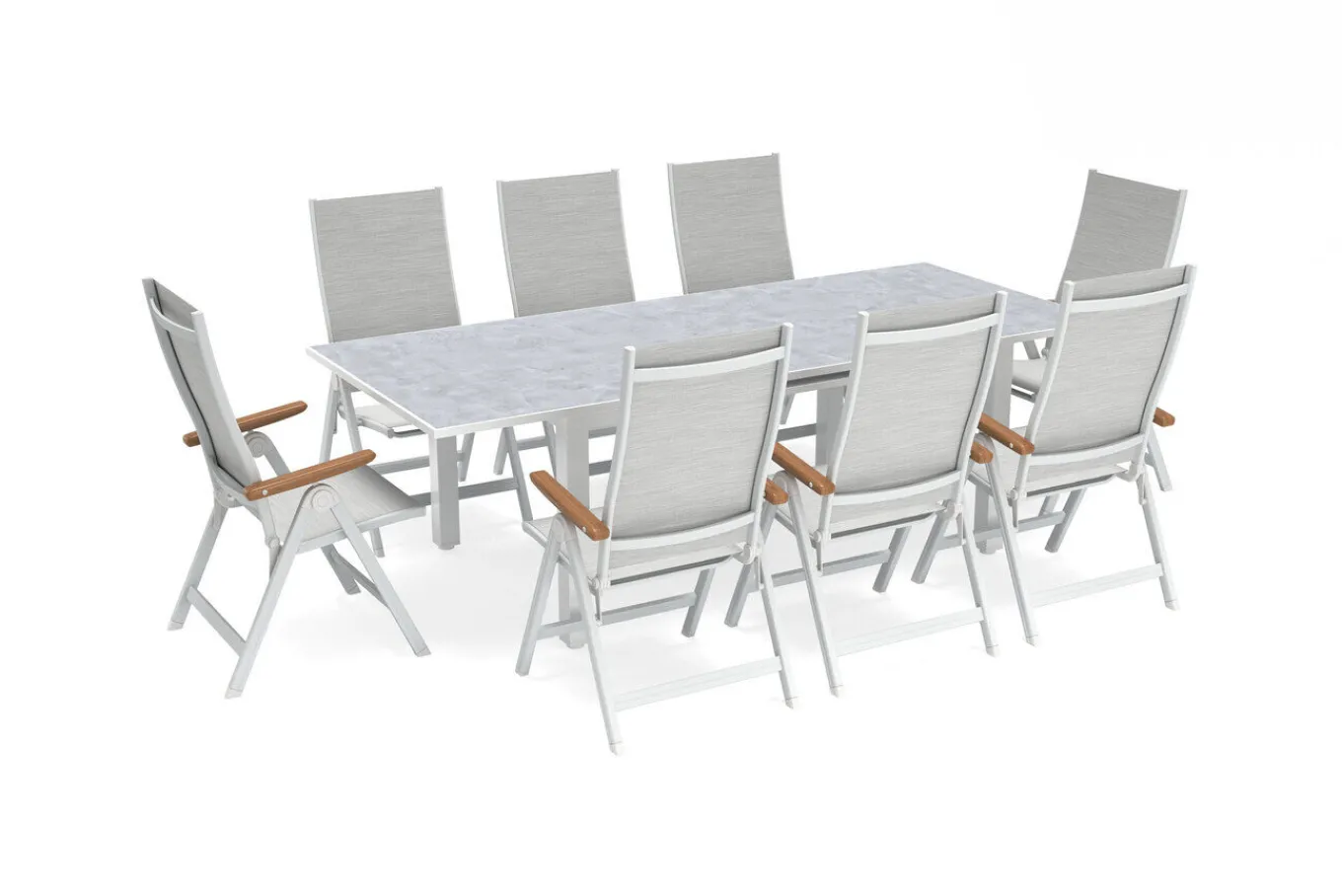 Sale Garten-Essgruppe, weiß matt/hellgrau, Alu/Textilene, Ausziehtisch 180/240 x 100 cm, 8x Klappstuhl Garten-Essgruppen|Aluminium-Gartenmöbel