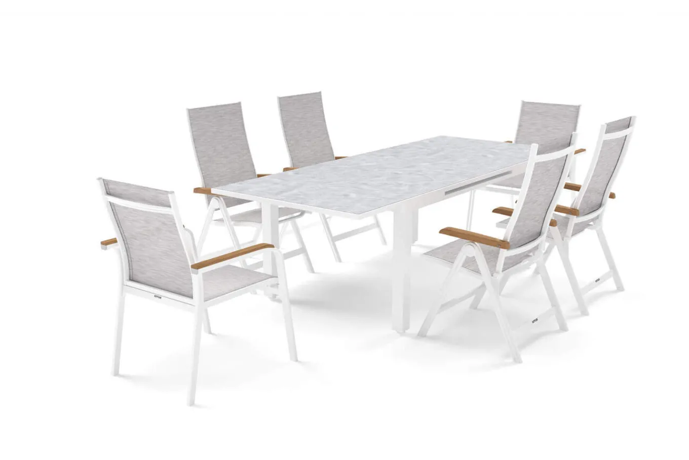 Discount Garten-Essgruppe, weiß/hellgrau, Aluminium/Glas/Teak, Ausziehtisch 180 x 240 cm, 4 Klappstühle, 2 Stapelstühle Garten-Essgruppen|Aluminium-Gartenmöbel