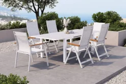 Discount Garten-Essgruppe, weiß/hellgrau, Aluminium/Glas/Teak, Ausziehtisch 180 x 240 cm, 4 Klappstühle, 2 Stapelstühle Garten-Essgruppen|Aluminium-Gartenmöbel