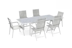 New Garten-Essgruppe, weiß matt/hellgrau, Aluminium/Outdoorgewebe/Glas, Ausziehbar, 180/240 x 100 cm Tisch, 4 Klappstühle, 2 Stapelstühle Garten-Essgruppen|Aluminium-Gartenmöbel
