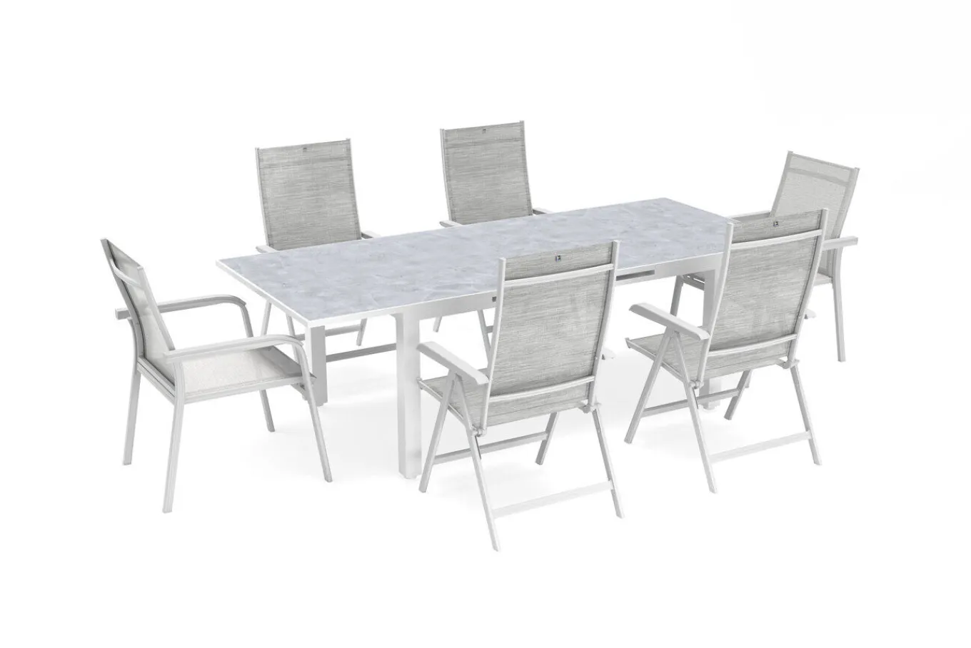 New Garten-Essgruppe, weiß matt/hellgrau, Aluminium/Outdoorgewebe/Glas, Ausziehbar, 180/240 x 100 cm Tisch, 4 Klappstühle, 2 Stapelstühle Garten-Essgruppen|Aluminium-Gartenmöbel