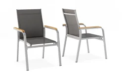 Sale Granada 4er-Set Stapelsessel, silber/anthrazit, mit Teakholz-Armlehnen, 0301205-0100 Aluminium-Gartenmöbel|Gartenstühle & Gartensessel