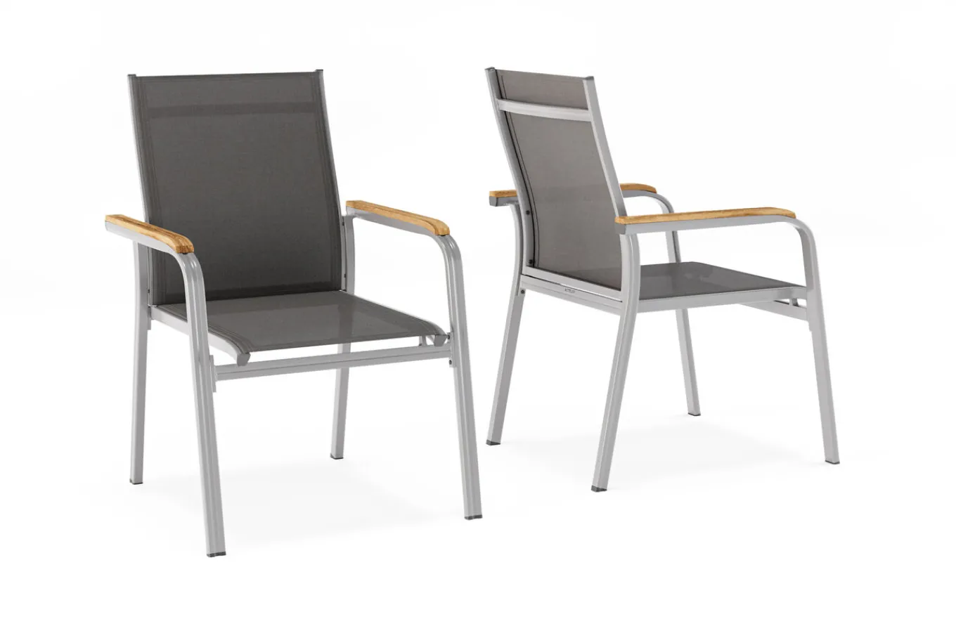Sale Granada 4er-Set Stapelsessel, silber/anthrazit, mit Teakholz-Armlehnen, 0301205-0100 Aluminium-Gartenmöbel|Gartenstühle & Gartensessel