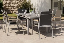 Sale Granada 6er-Set Stapelsessel, silber/anthrazit, mit Teakholz-Armlehnen, 0301205-0100 Gartenstühle & Gartensessel