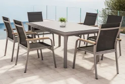 Sale Granada 6er-Set Stapelsessel, silber/anthrazit, mit Teakholz-Armlehnen, 0301205-0100 Gartenstühle & Gartensessel