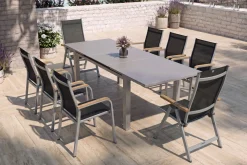 Best Granada Garten-Essgruppe, silber, Alu/Textilene, Tisch 180/240x100cm, 6 Stapel-, 2 Klappstühle Aluminium-Gartenmöbel