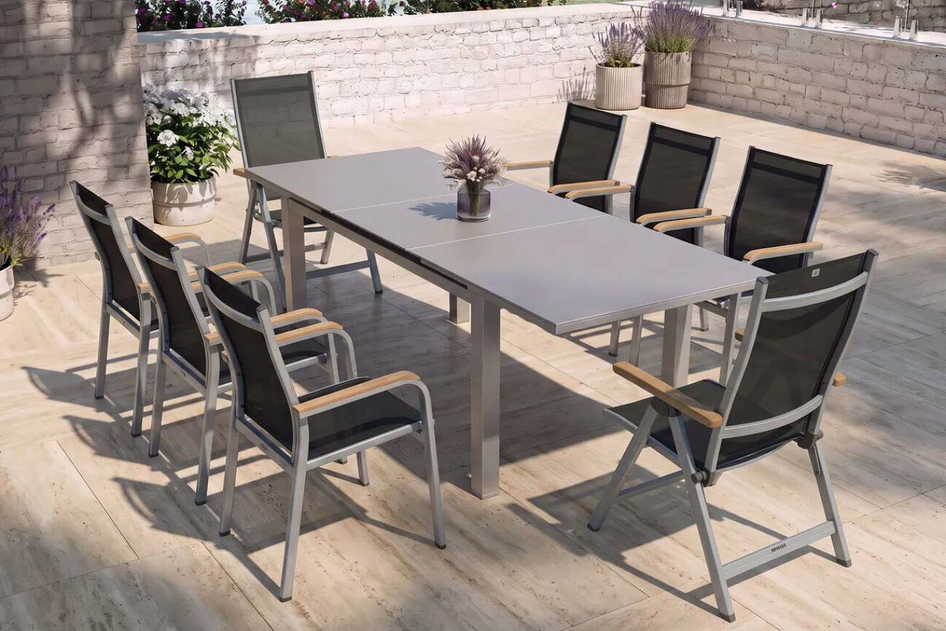 Best Granada Garten-Essgruppe, silber, Alu/Textilene, Tisch 180/240x100cm, 6 Stapel-, 2 Klappstühle Aluminium-Gartenmöbel