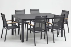 Sale Granada Garten-Essgruppe, Anthrazit, Alu/Spraystone, Tisch 160x95 cm, 6 Stapelsessel Aluminium-Gartenmöbel