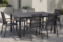 Sale Granada Garten-Essgruppe, Anthrazit, Alu/Spraystone, Tisch 160x95 cm, 6 Stapelsessel Aluminium-Gartenmöbel