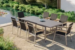 Sale Granada Garten-Essgruppe, 8 Personen, ausziehbarer Tisch 180–240 cm, Aluminium/Textilene, Teak FSC®-zertifiziert Garten-Essgruppen