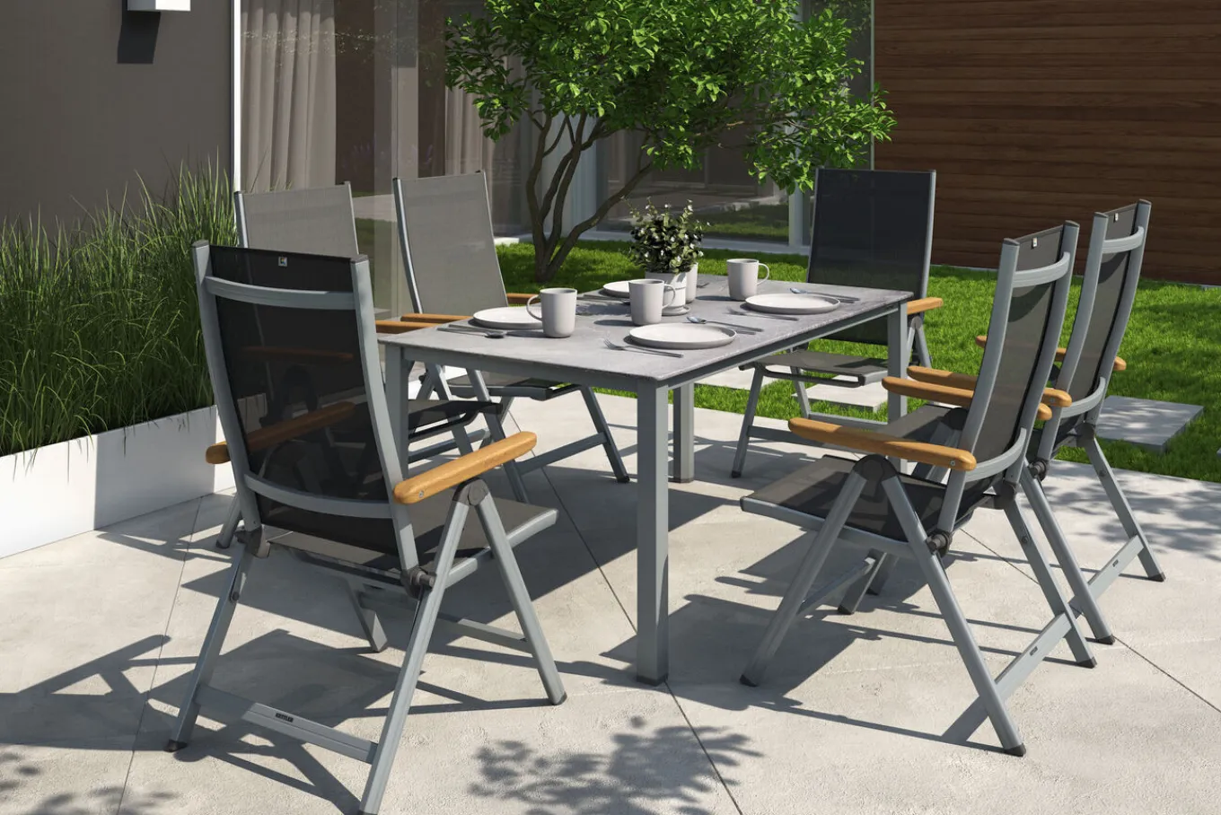 Best Granada Garten-Essgruppe, silber/anthrazit, Alu, Tisch 160x90, 6 Klappstühle Garten-Essgruppen|Aluminium-Gartenmöbel