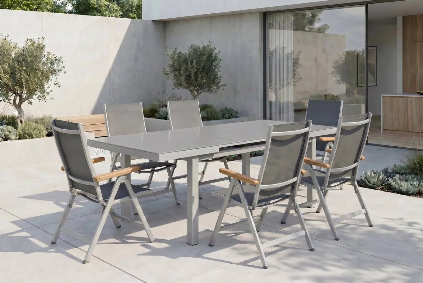 Online Granada Garten-Essgruppe, silber, Alu/Textilene, Tisch 180/240x100cm, 8 Klappstühle Garten-Essgruppen