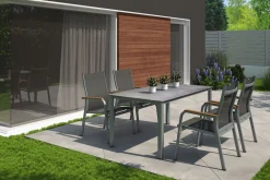 Hot Granada Garten-Essgruppe, silber/anthrazit, Alu, Tisch 160x90, 4 Stapelsessel Garten-Essgruppen|Aluminium-Gartenmöbel
