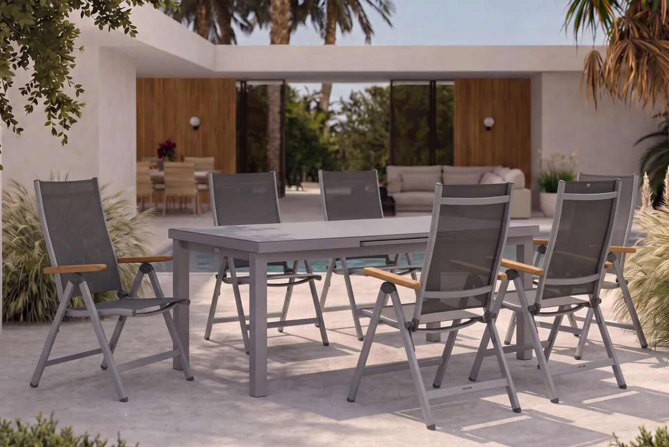 New Granada Garten-Essgruppe, silber, Alu/Textilene, Tisch 180/240x100cm, 6 Klappstühle Garten-Essgruppen