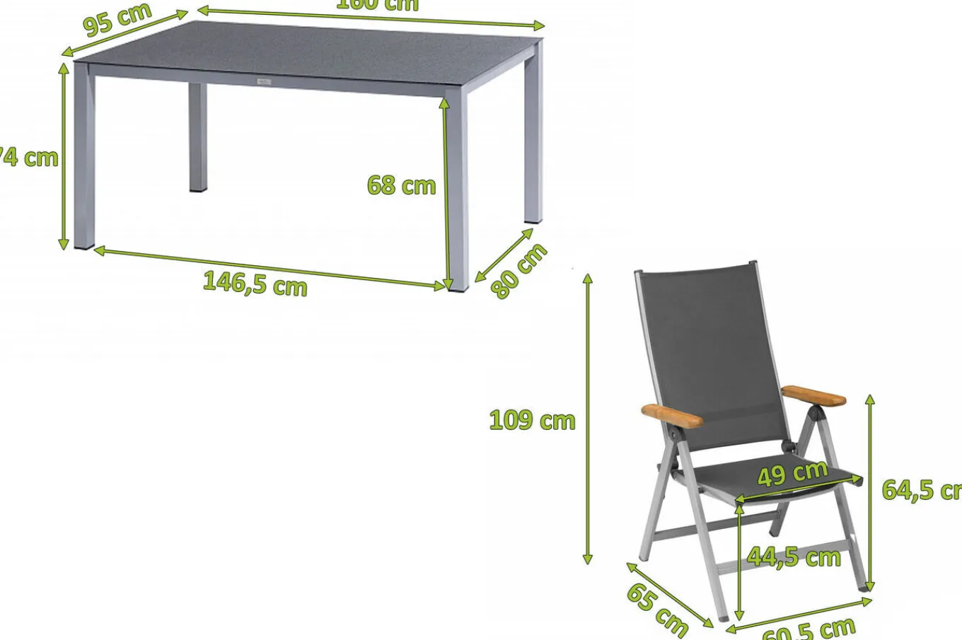 Online Granada Garten-Essgruppe, silber/anthrazit, Alu/Spraystone/Textil, 160 x 95 cm, 6 Klappstühle Garten-Essgruppen