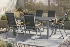 Online Granada Garten-Essgruppe, silber/anthrazit, Alu/Spraystone/Textil, 160 x 95 cm, 6 Klappstühle Garten-Essgruppen