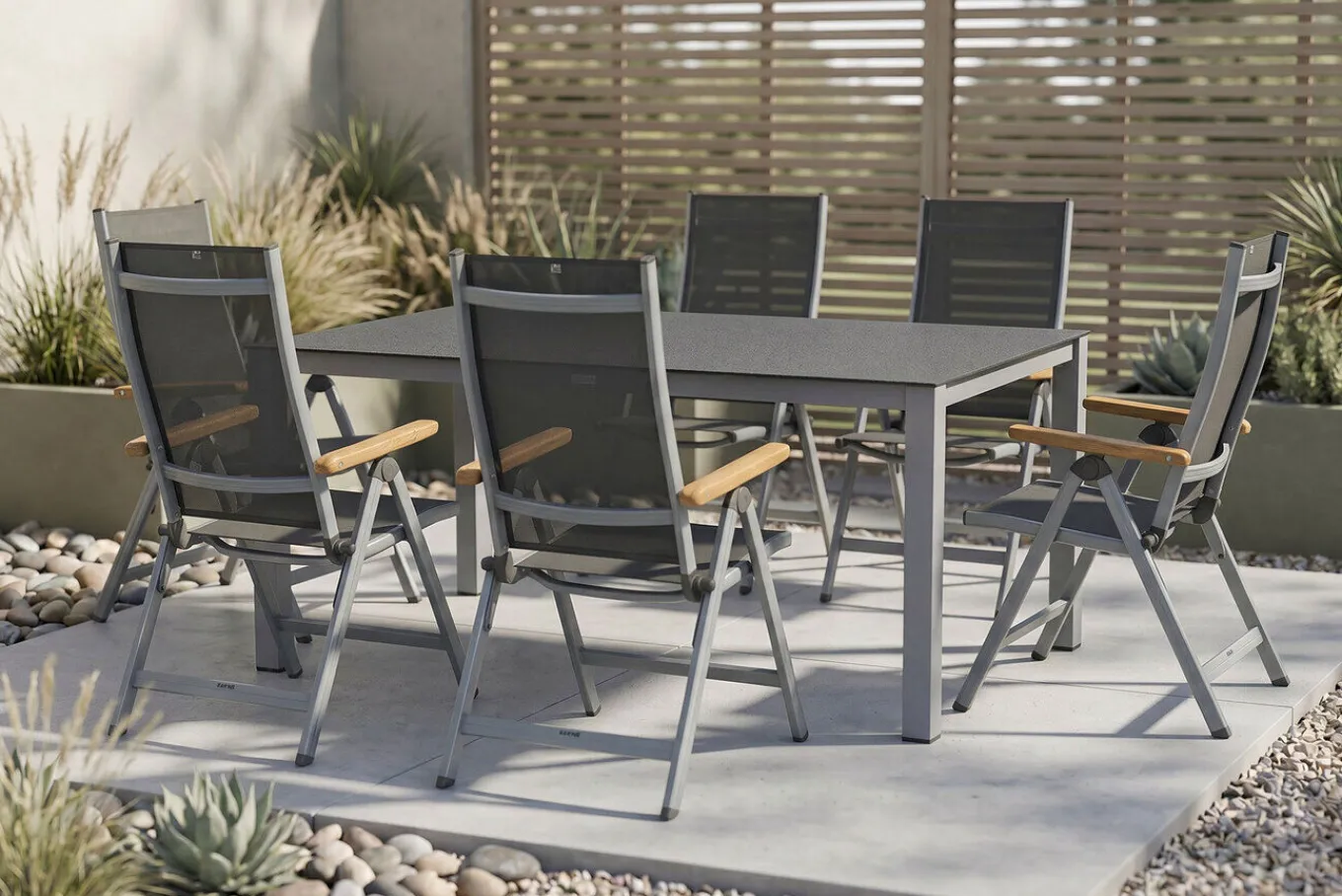 Online Granada Garten-Essgruppe, silber/anthrazit, Alu/Spraystone/Textil, 160 x 95 cm, 6 Klappstühle Garten-Essgruppen
