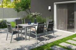 Outlet Granada Garten-Essgruppe, silber/anthrazit, Alu, Tisch 160x90, 6 Stapelsessel Garten-Essgruppen|Aluminium-Gartenmöbel
