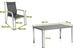 Outlet Granada Garten-Essgruppe, silber/anthrazit, Alu, Tisch 160x90, 6 Stapelsessel Garten-Essgruppen|Aluminium-Gartenmöbel