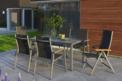Sale Granada Garten-Essgruppe, silber/anthrazit, Alu, Tisch 160x90, 4 Stapelsessel-,2 Klappstühle Garten-Essgruppen