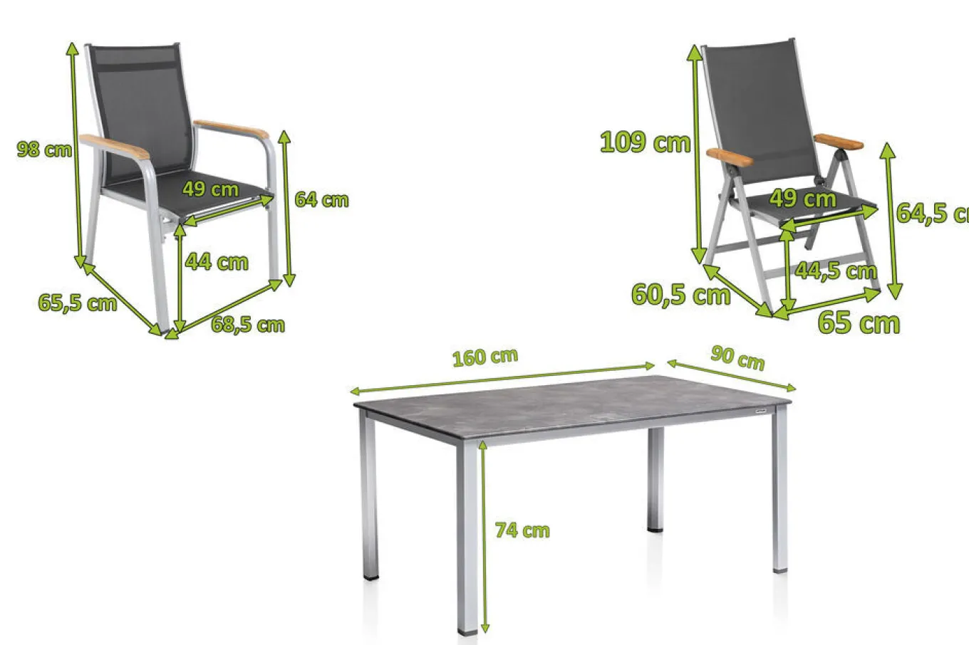Sale Granada Garten-Essgruppe, silber/anthrazit, Alu, Tisch 160x90, 4 Stapelsessel-,2 Klappstühle Garten-Essgruppen