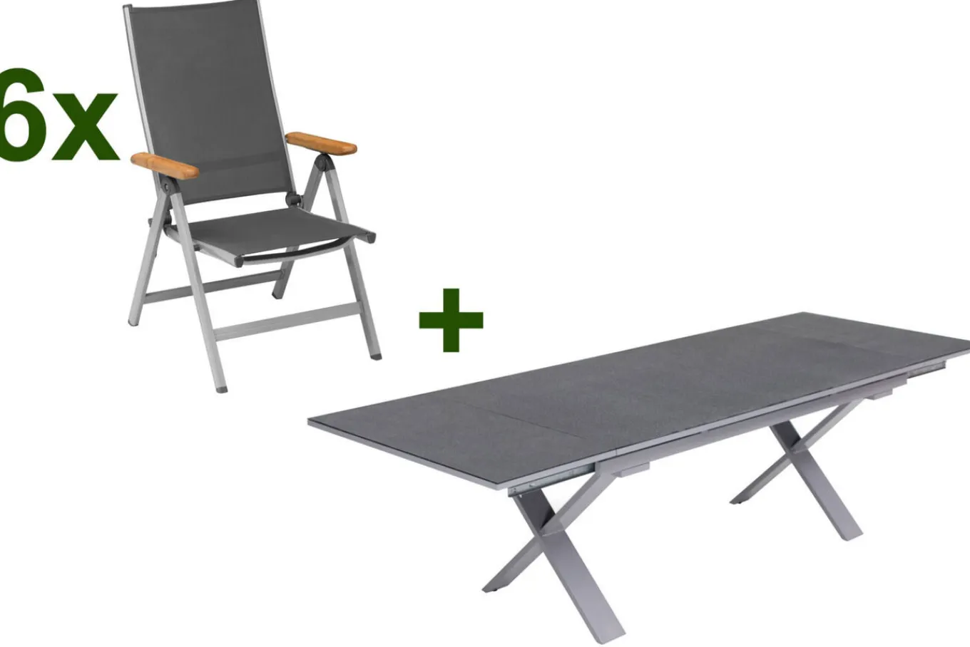 Discount Granada Garten-Essgruppe, silber / anthrazit, Alu / Spraystone / Teak, Tisch 180/280x100cm, 6 Klappstühle Garten-Essgruppen|Aluminium-Gartenmöbel