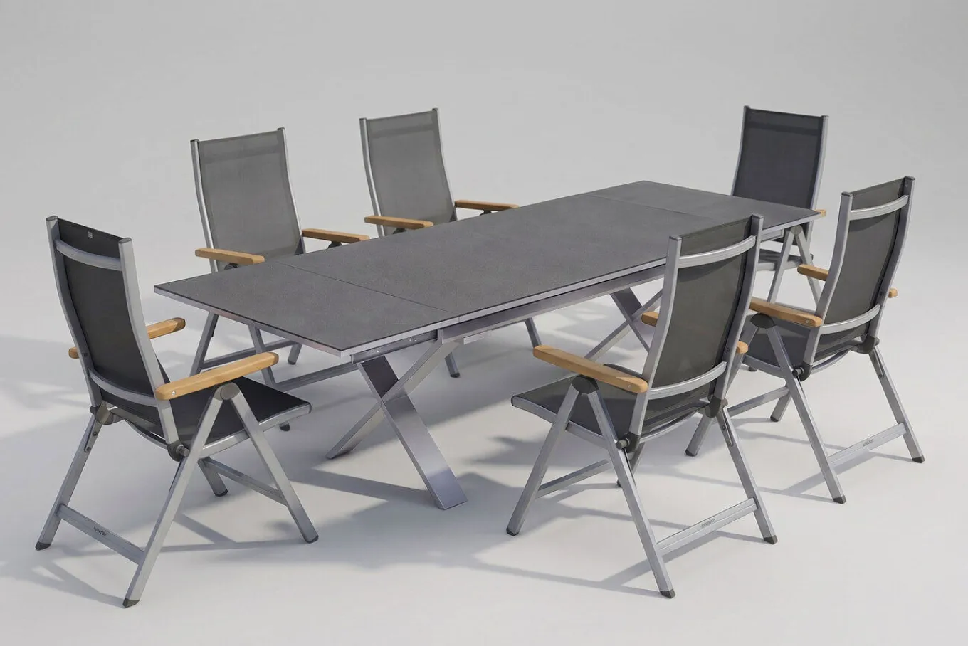 Discount Granada Garten-Essgruppe, silber / anthrazit, Alu / Spraystone / Teak, Tisch 180/280x100cm, 6 Klappstühle Garten-Essgruppen|Aluminium-Gartenmöbel