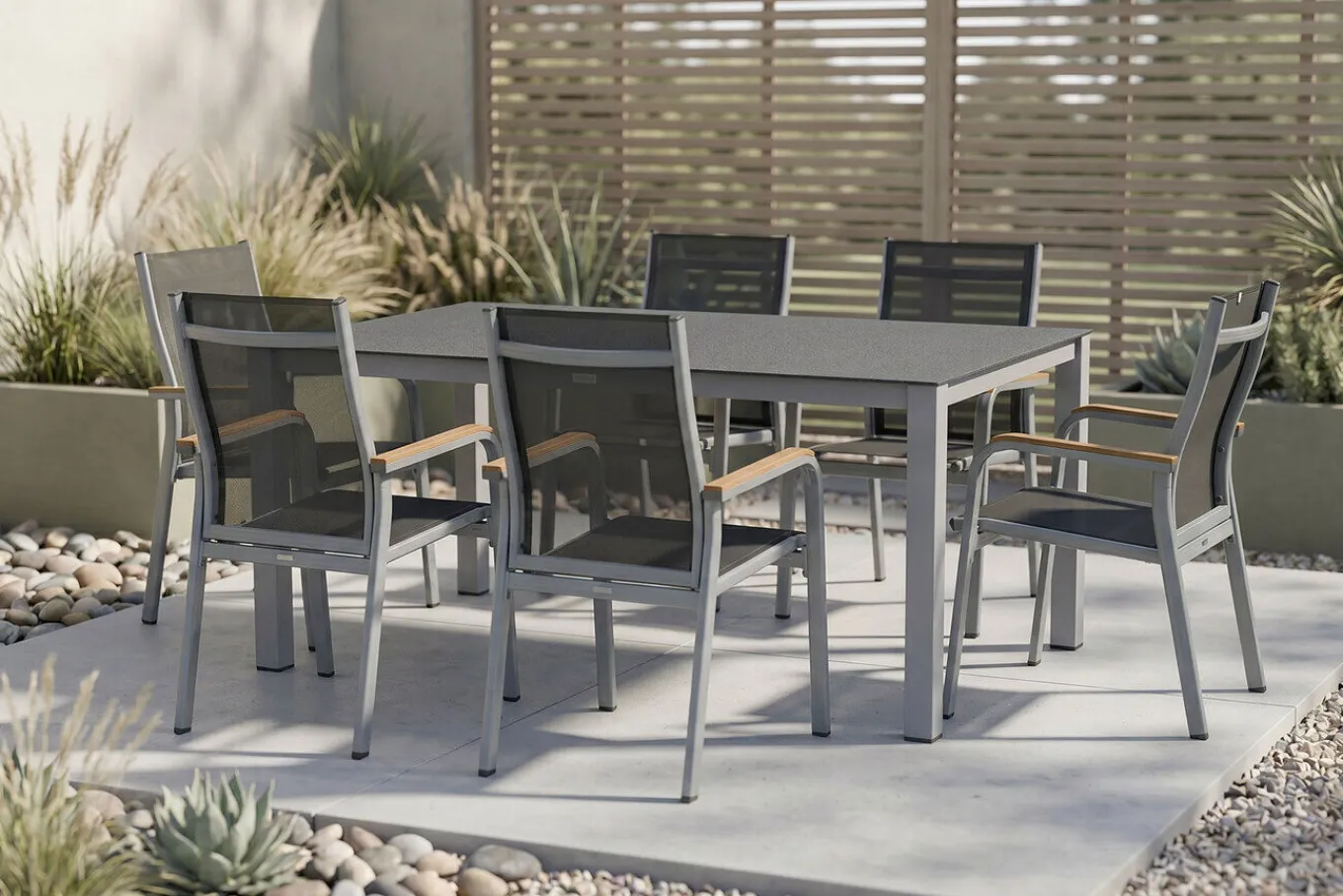 Sale Granada Garten-Essgruppe, silber/anthrazit, Alu/Spraystone/Textil, 160x95 cm, 6 Stapelsessel Garten-Essgruppen|Aluminium-Gartenmöbel