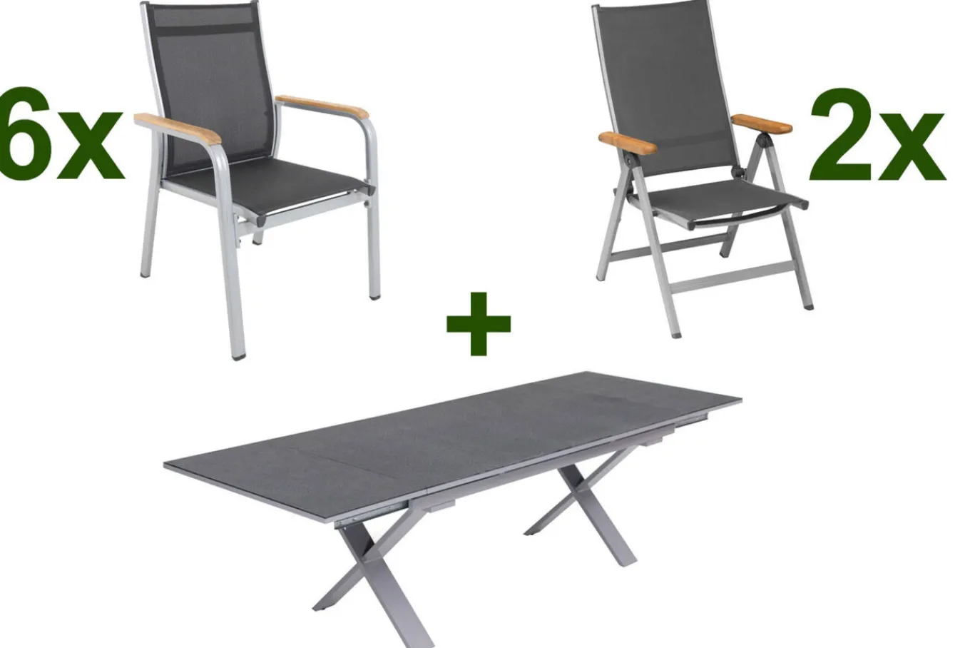 Clearance Granada Garten-Essgruppe, silber / anthrazit, Alu / Spraystone / Teak, Tisch 180/280 x 100 cm, 6 Stapelsessel, 2 Klappstühle Garten-Essgruppen