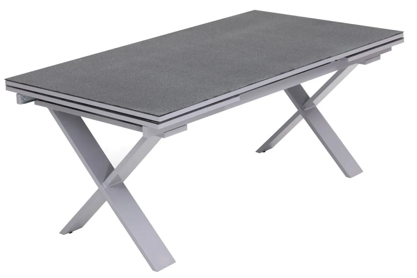 Clearance Granada Garten-Essgruppe, silber / anthrazit, Alu / Spraystone / Teak, Tisch 180/280 x 100 cm, 6 Stapelsessel, 2 Klappstühle Garten-Essgruppen