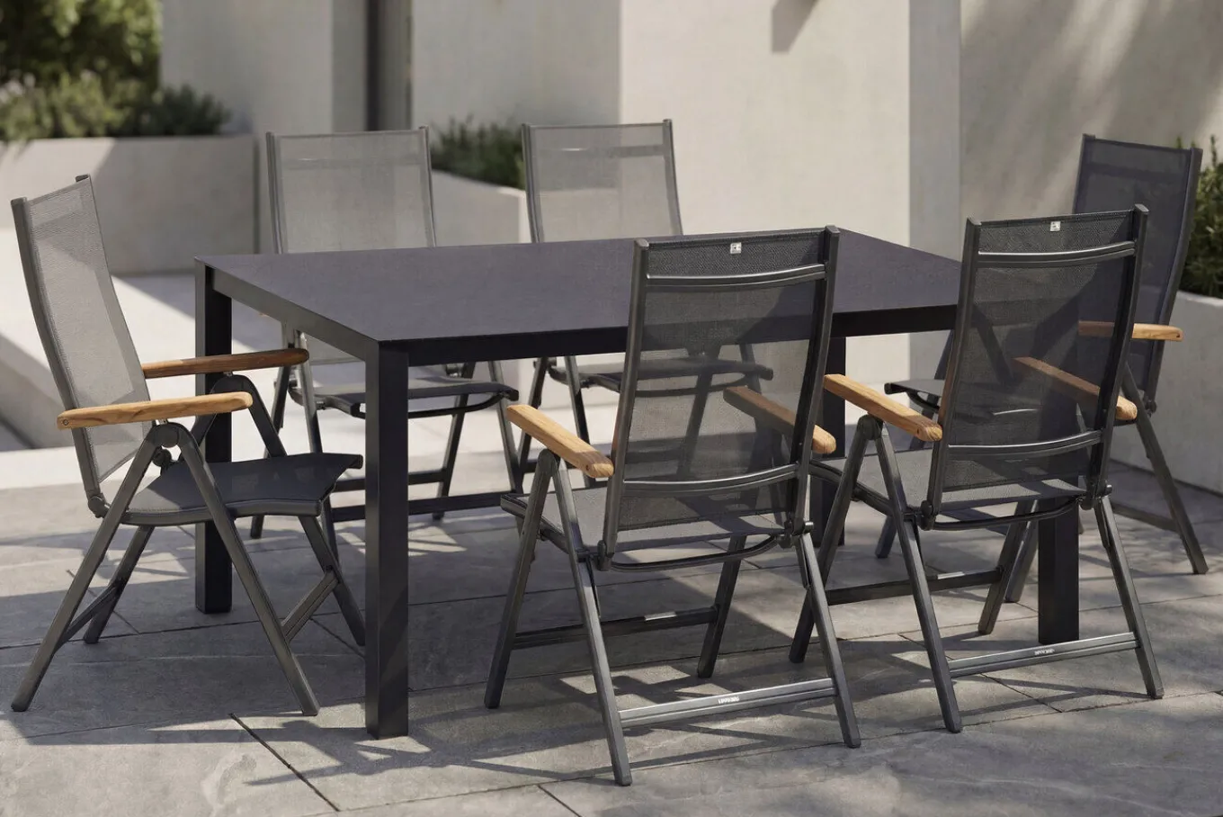 Hot Granada Garten-Essgruppe, Anthrazit, Alu/Spraystone, Tisch 160x95 cm, 6x Klappstühle Garten-Essgruppen